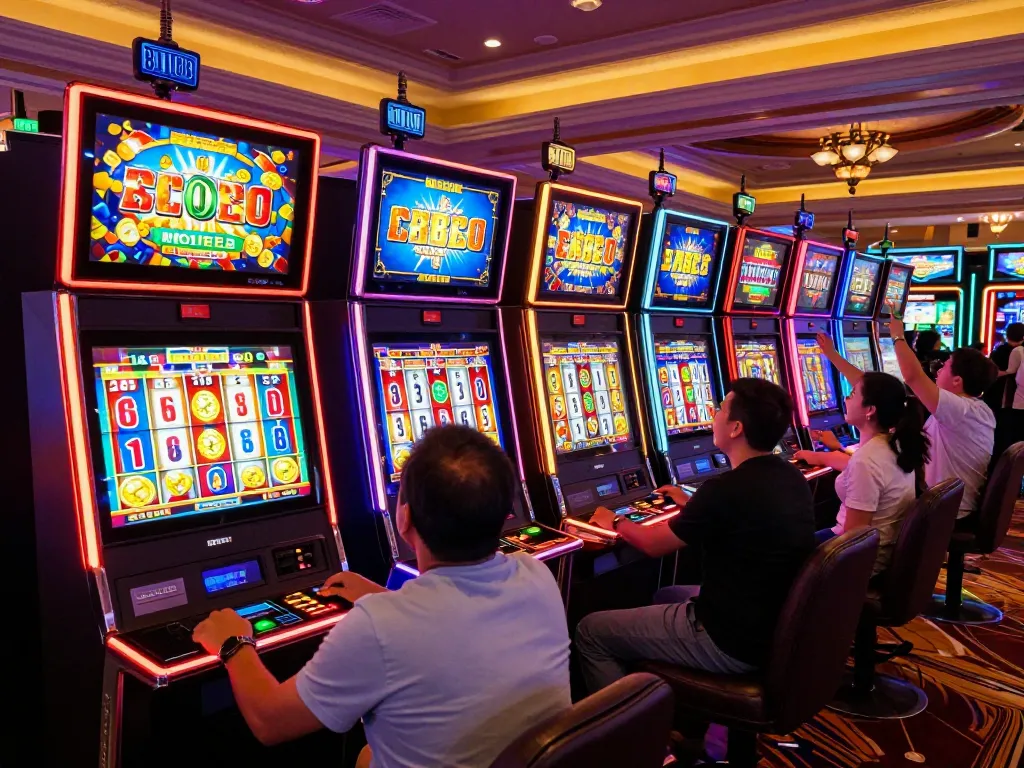 Players at colorful slot machines enjoy winning spins with SpinAdvisor's expert recommendations.