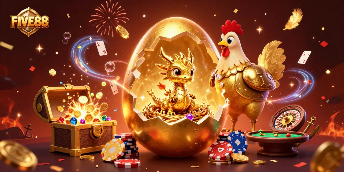 FIVE88 showcases an exciting golden dragon guarding poker chips in a vibrant casino environment.