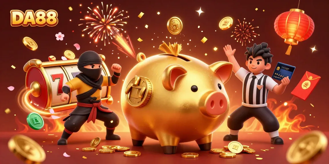 Engage in thrilling gameplay with DA88 as the golden piggy bank wrestler dominates a captivating casino scene.