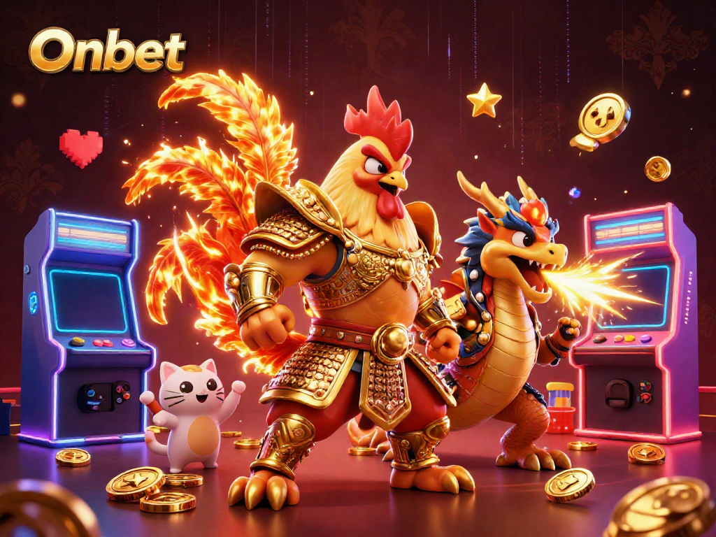 Engage in thrilling gambling with Onbet's fighting rooster mascot and dragon character.