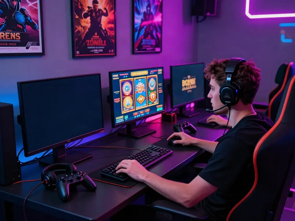 Gamer sedang fokus pada layar slot online di nyonya4d login dengan suasana pencahayaan LED yang cerah.
