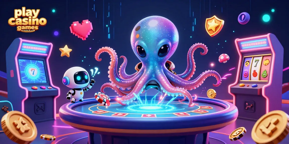 Play casino games online with a colorful 3D alien octopus at a holographic poker table surrounded by vibrant game elements.