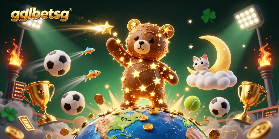 Bet on esports with gglbetsg: 3D animated bear and cat collecting coins amid dynamic sports elements
