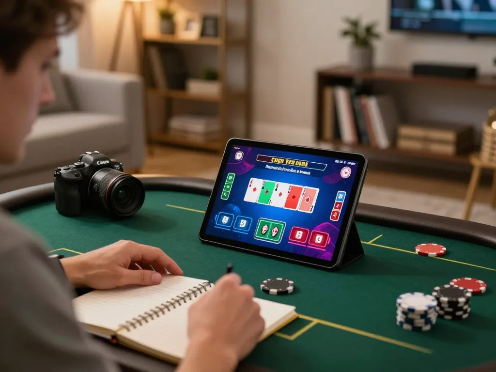 Player enjoying live poker on a tablet at home, showcasing the vt88 experience in a cozy gaming environment.