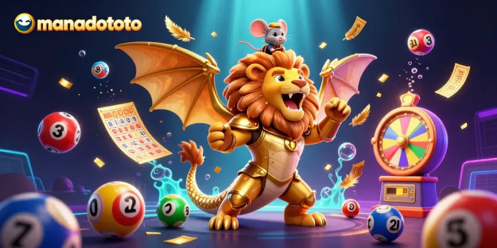 Experience thrilling lottery wins with manadototo's vibrant 3D cartoon illustration depicting dynamic gaming elements.