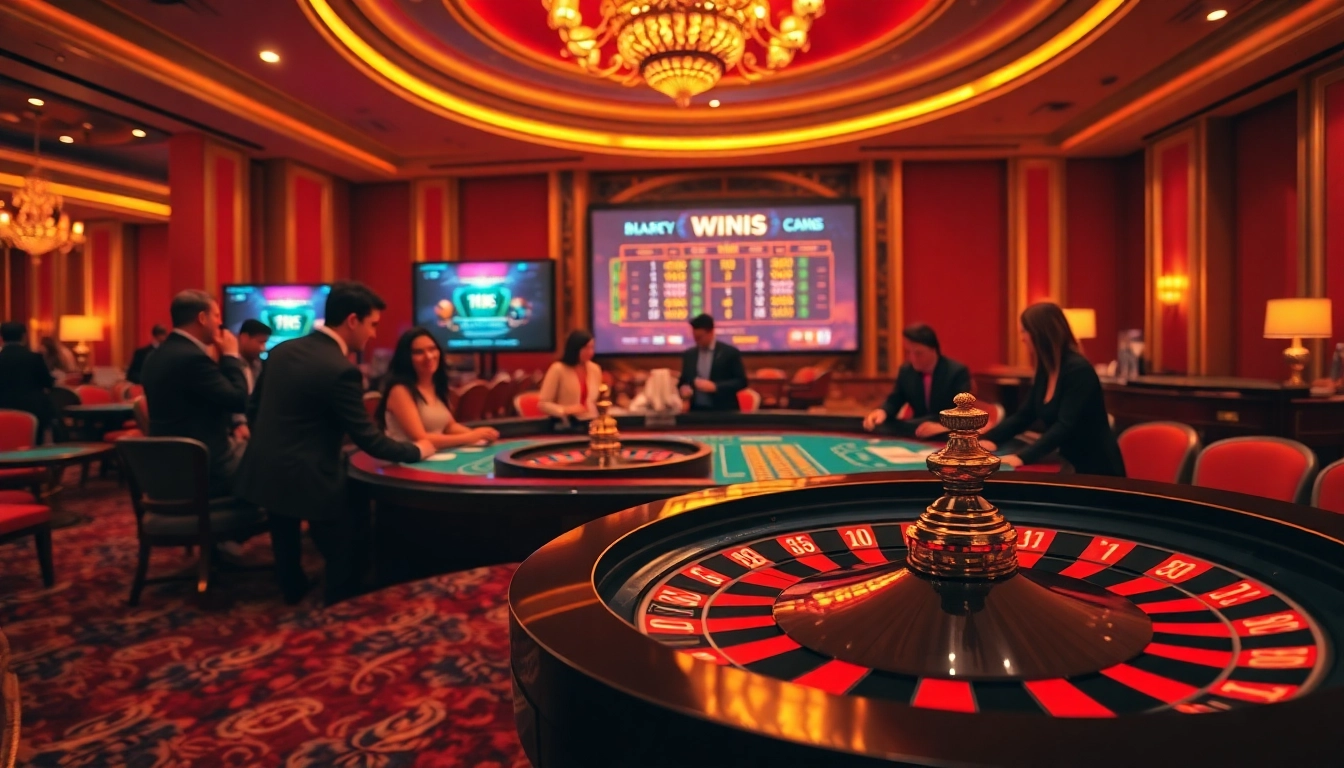 Engaging casino scene with players around KK55 themed roulette and blackjack tables enhancing the excitement.