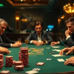 Players strategizing in a competitive poker game at a casino table with chips and cards.