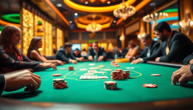 Engaging casino poker game with colorful chips and lively atmosphere.
