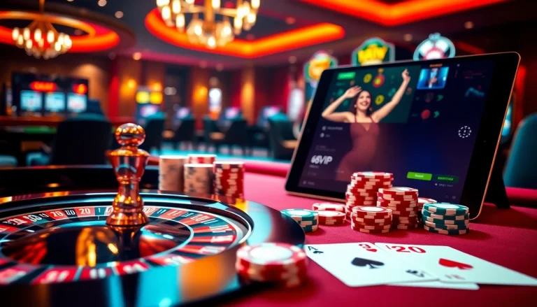 Experience the luxurious thrills of 68VIP casino with poker chips and winning cards.