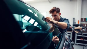 Apply window tinting Cleveland TN in an automotive setting showcasing professional techniques.