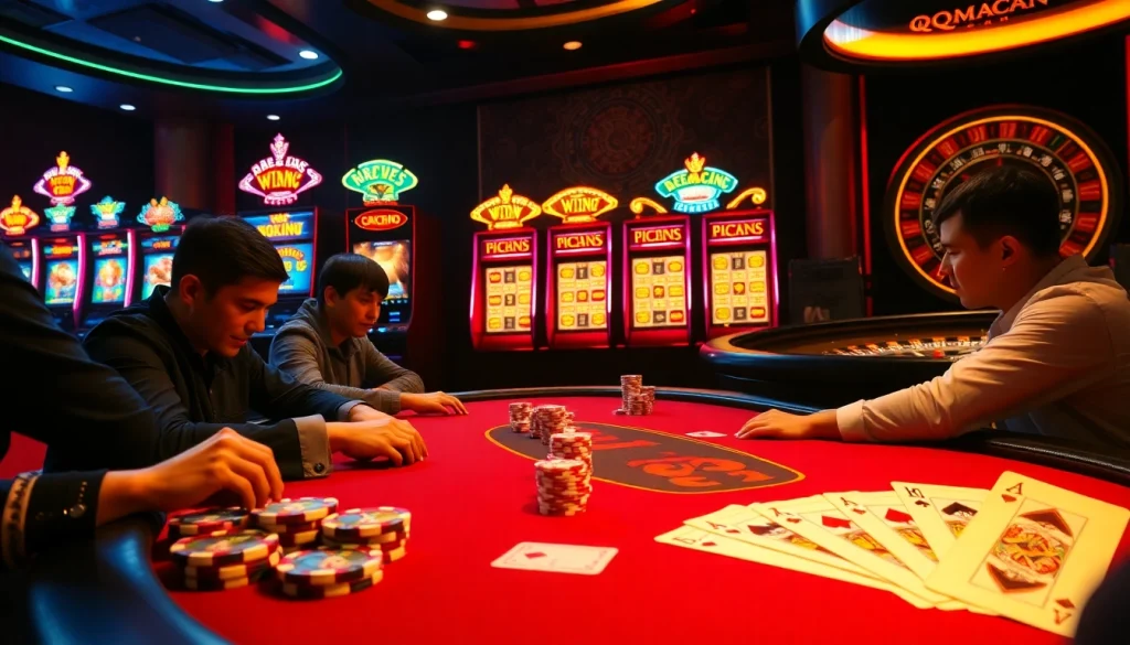 Intense poker game at a glamorous casino with qqmacan-themed slots in the background.