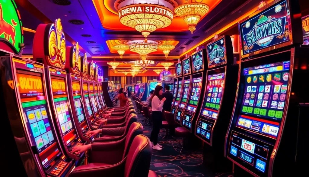 Dewaslot88 players enjoying thrilling casino games with vibrant slot machines.