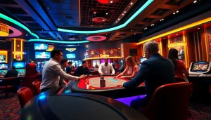 에볼루션 카지노에서 둥글게 위치한 테이블 게임과 활기찬 분위기를 보여줍니다.