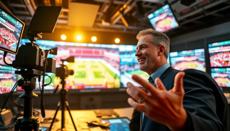 Engage in sports broadcasting with a dynamic commentator in a high-tech studio setting.