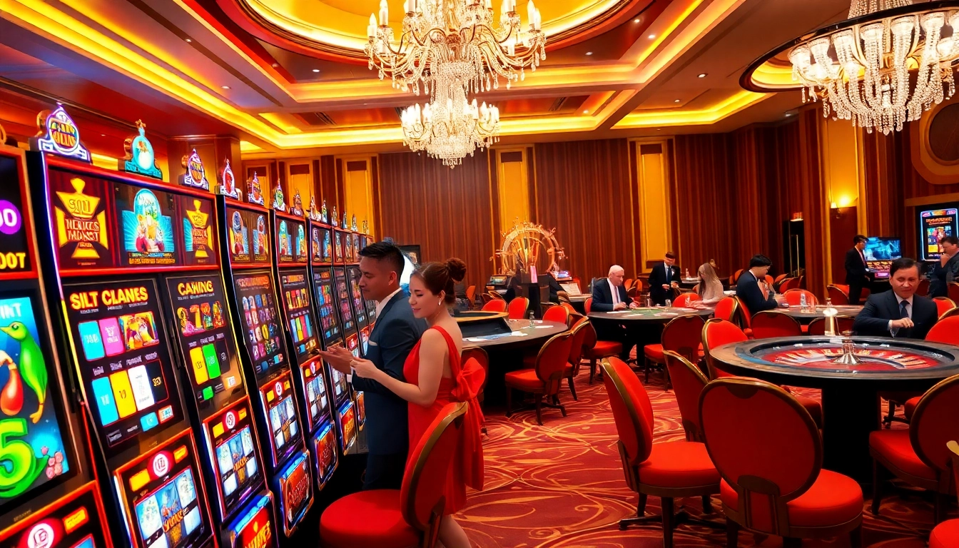 Engaging players enjoying slot gacor hari ini at a luxurious casino with vibrant machines.