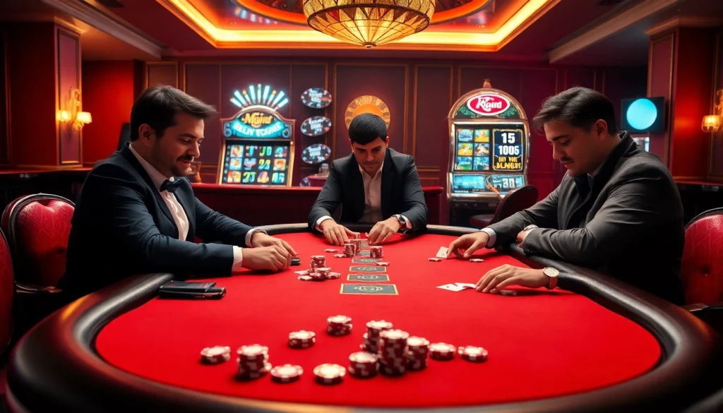 Pemain yang terlibat menikmati Datukwin Alternatif di meja poker mewah di kasino yang hidup.
