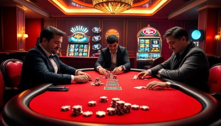 Pemain yang terlibat menikmati Datukwin Alternatif di meja poker mewah di kasino yang hidup.