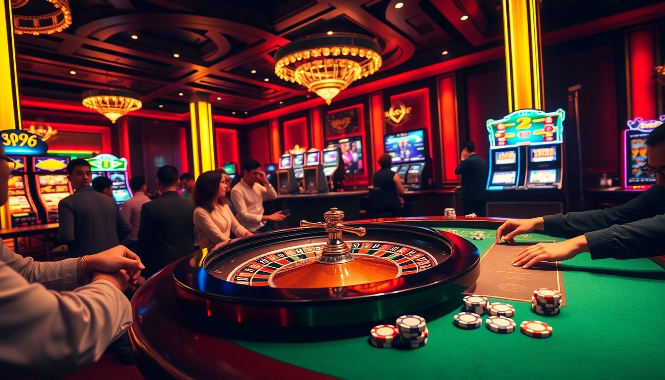Experience the thrill of LC88 gaming with vibrant casino scenes featuring roulette, poker, and high-stakes excitement.