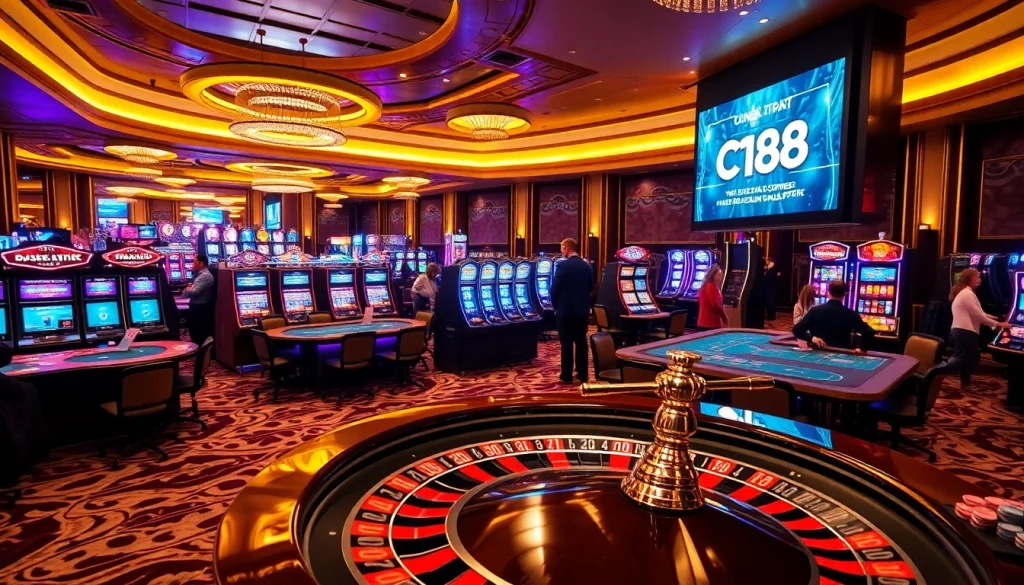 C168 casino experience with luxury tables, spinning roulette, and vibrant slot machines.