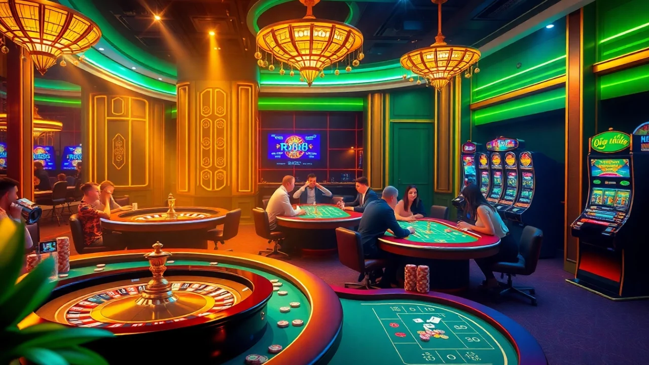 Experience the excitement of rr88 casino with players enjoying games at luxurious tables and vibrant slot machines.