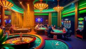 Experience the excitement of rr88 casino with players enjoying games at luxurious tables and vibrant slot machines.