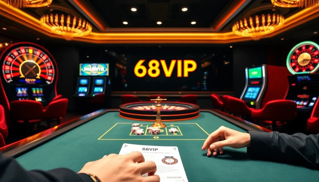 Experience the thrill of casino gaming at 68VIP with vibrant roulette wheels and poker chips.