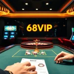 Experience the thrill of casino gaming at 68VIP with vibrant roulette wheels and poker chips.