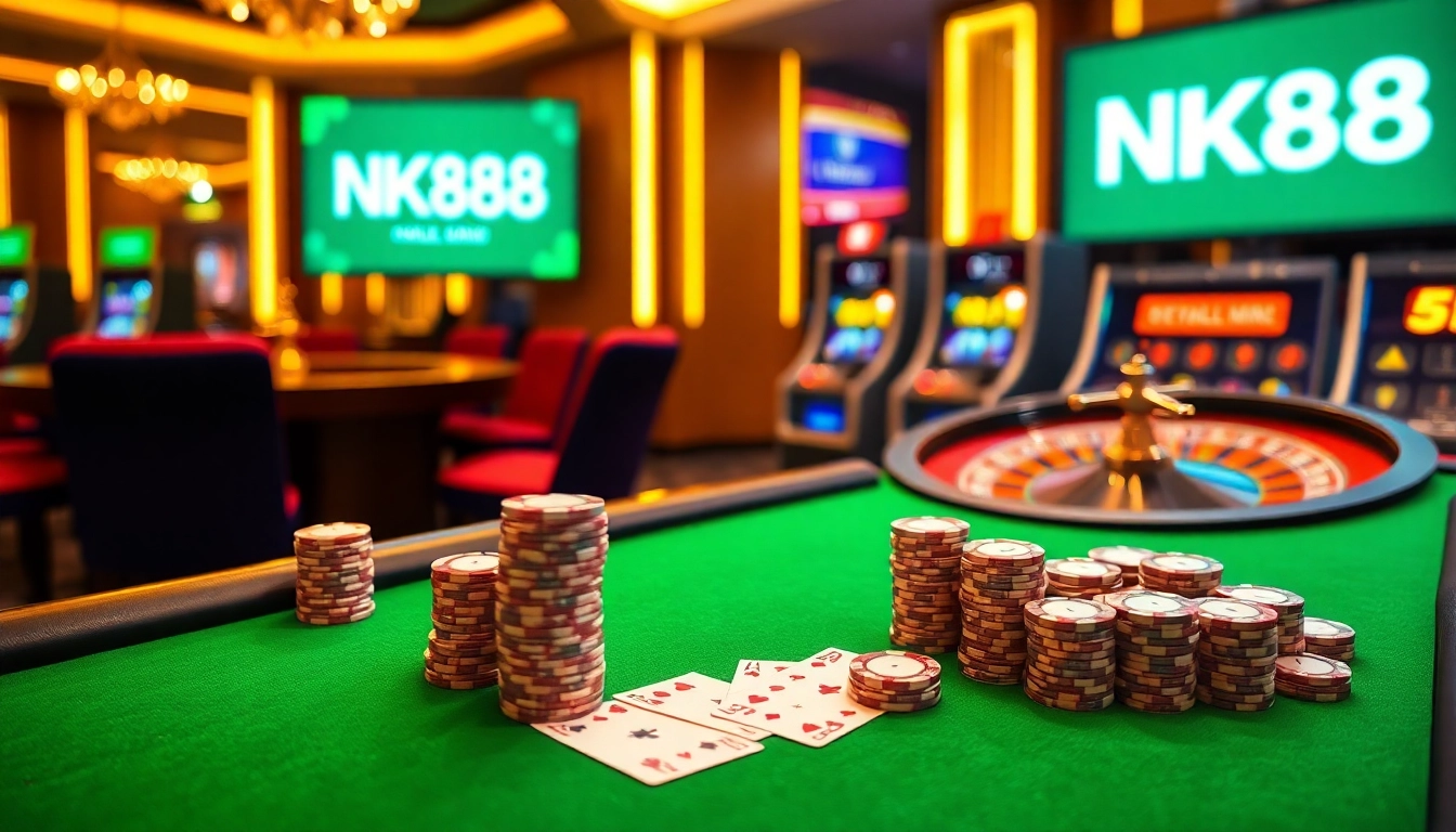 Engage in thrilling gameplay at NK88 casino with poker chips and cards on a luxurious table.