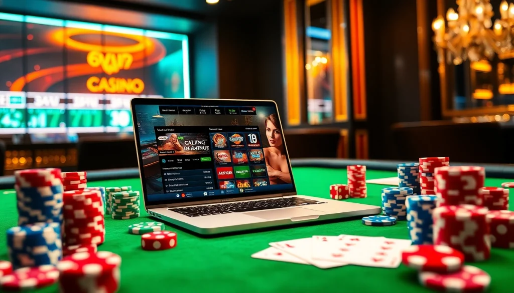 Tải App Nhà Cái 68VIP on a modern casino interface surrounded by poker chips and dice.