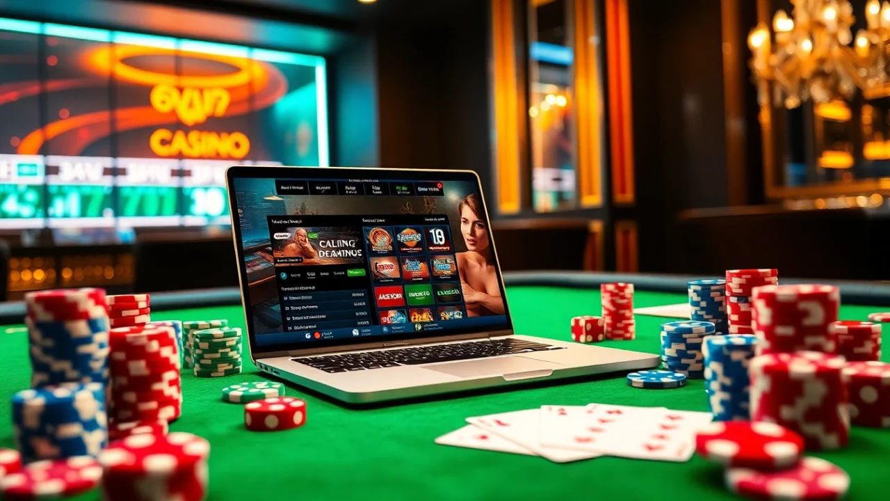 Tải App Nhà Cái 68VIP on a modern casino interface surrounded by poker chips and dice.