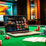 Tải App Nhà Cái 68VIP on a modern casino interface surrounded by poker chips and dice.