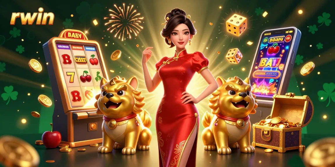 Engage with rwin's exciting jackpots alongside a glamorous woman in a festive casino atmosphere.