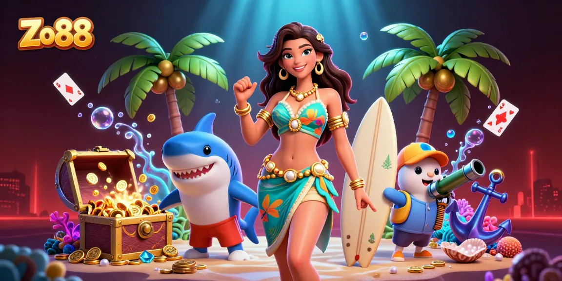 Experience the thrills of Zo88 with a glamorous beach-themed casino scene featuring vibrant game elements