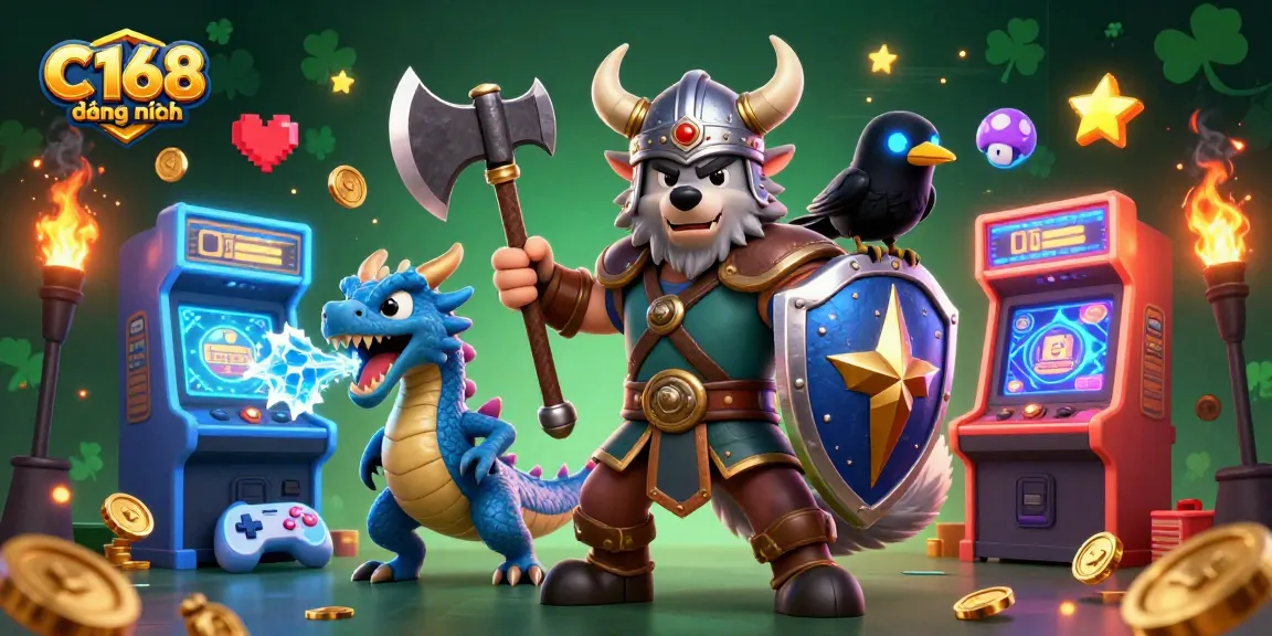 C168 đằng nhập showcases a Viking wolf warrior and fierce dragon in a colorful casino-themed illustration.