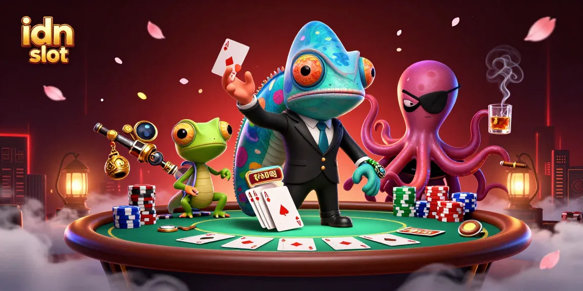 Experience the excitement of idn slot with a colorful casino scene featuring unique characters and vibrant elements.