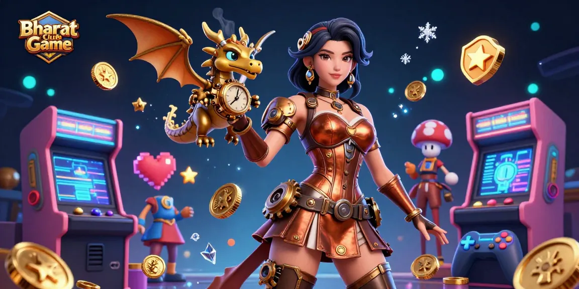 Bharat Club Game showcases thrilling casino action with a semi-realistic heroine and a clockwork dragon in a vibrant 3D environment.