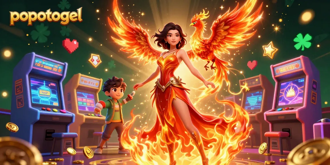 Engage with popotogel in a vibrant 3D casino scene featuring a stunning Asian woman and her phoenix companion.