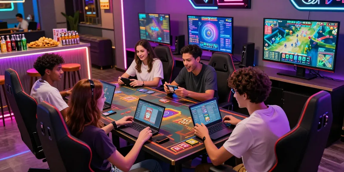 Exciting online gaming lounge scene with players enjoying game bài 68, surrounded by vibrant colors and technology.