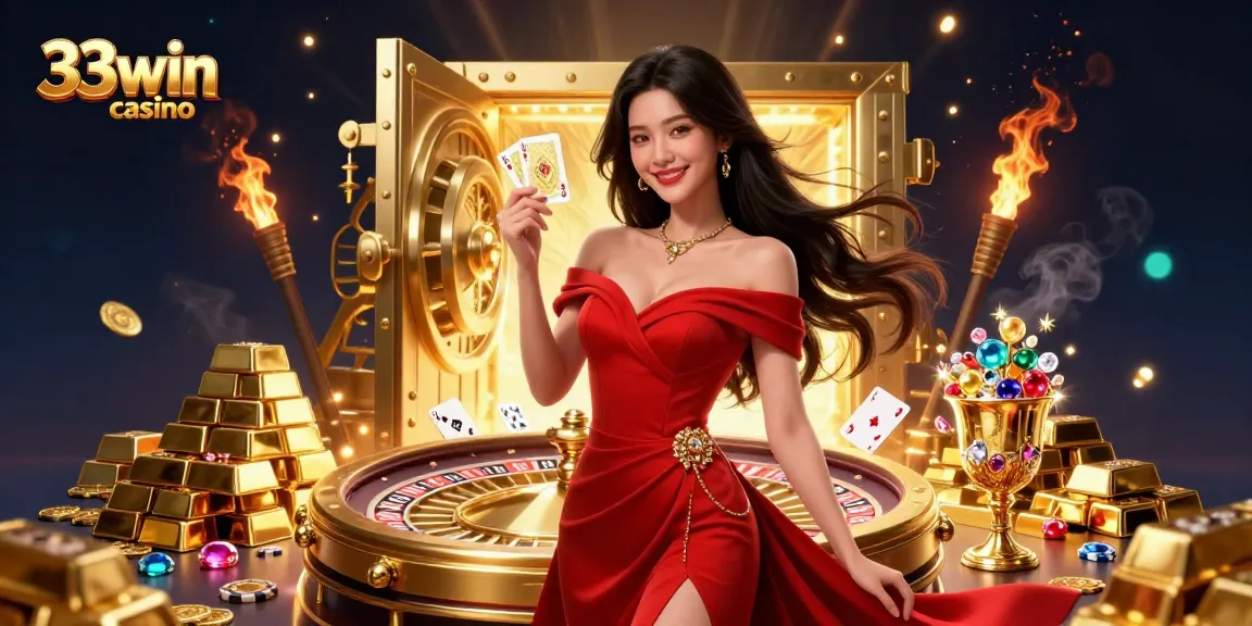 Experience the excitement of 33win casino with a stunning online gaming scene featuring a confident woman by a golden roulette wheel.