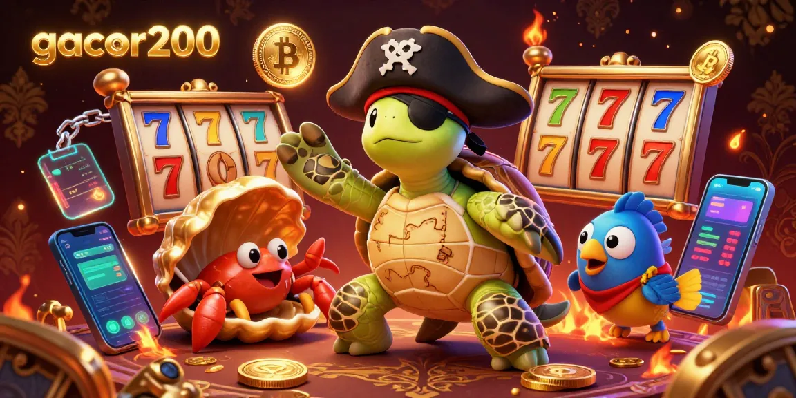 Engage with gacor200’s vibrant casino scene featuring a pirate turtle, surrounded by slot game treasures.