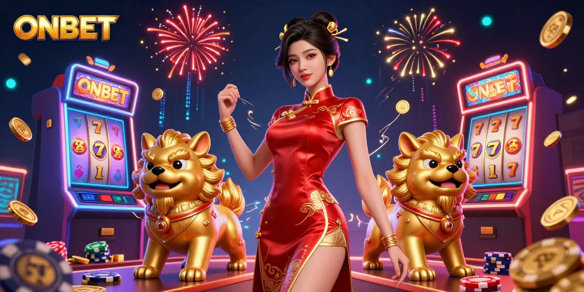 Experience thrilling gameplay at ONBET with vibrant slot machines and festive elements.