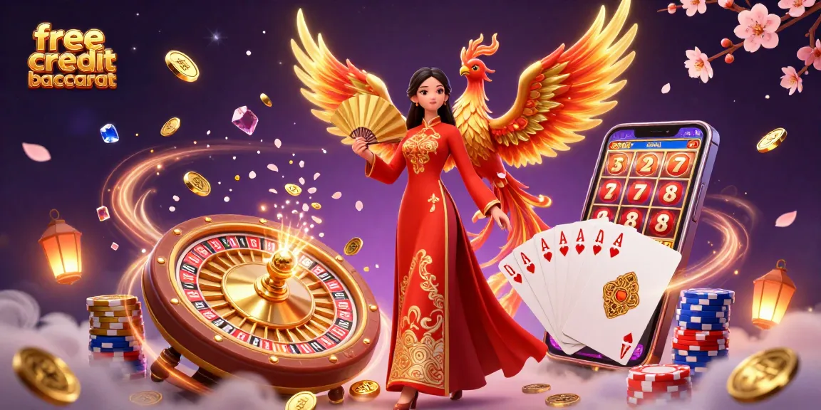 Experience thrilling gameplay with free credit baccarat, featuring a beautiful woman in traditional attire and vibrant casino elements.