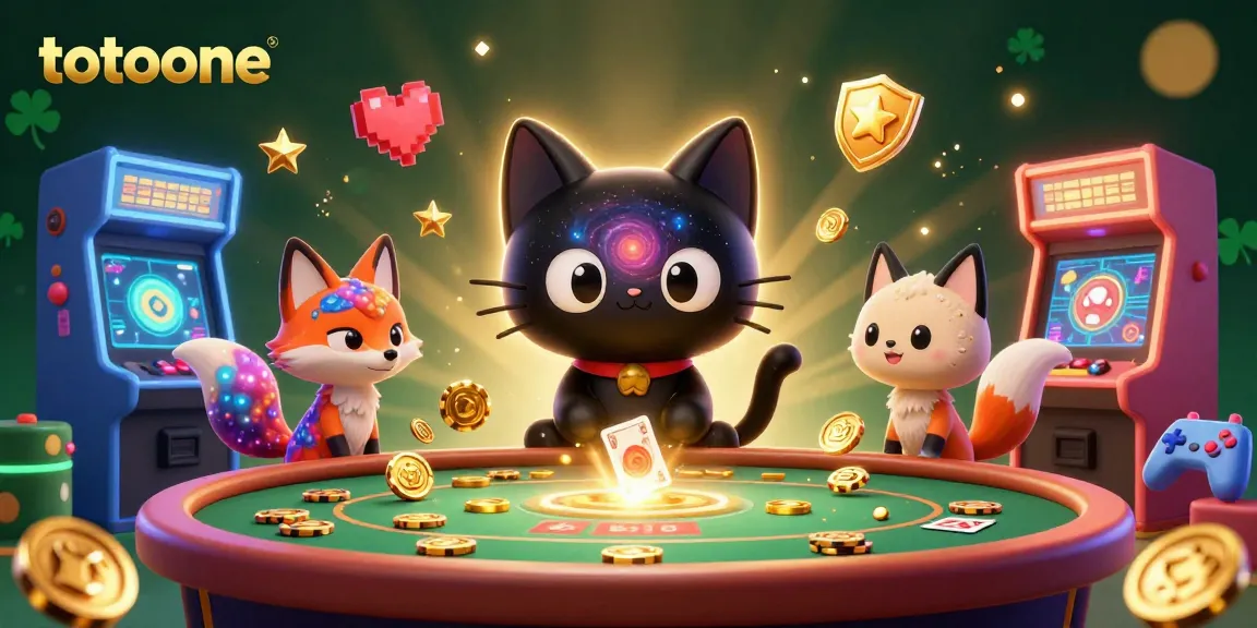 Totoone menarik chip emas dan kartu di kasino kosmik, dikelilingi mesin permainan 3D berwarna-warni.