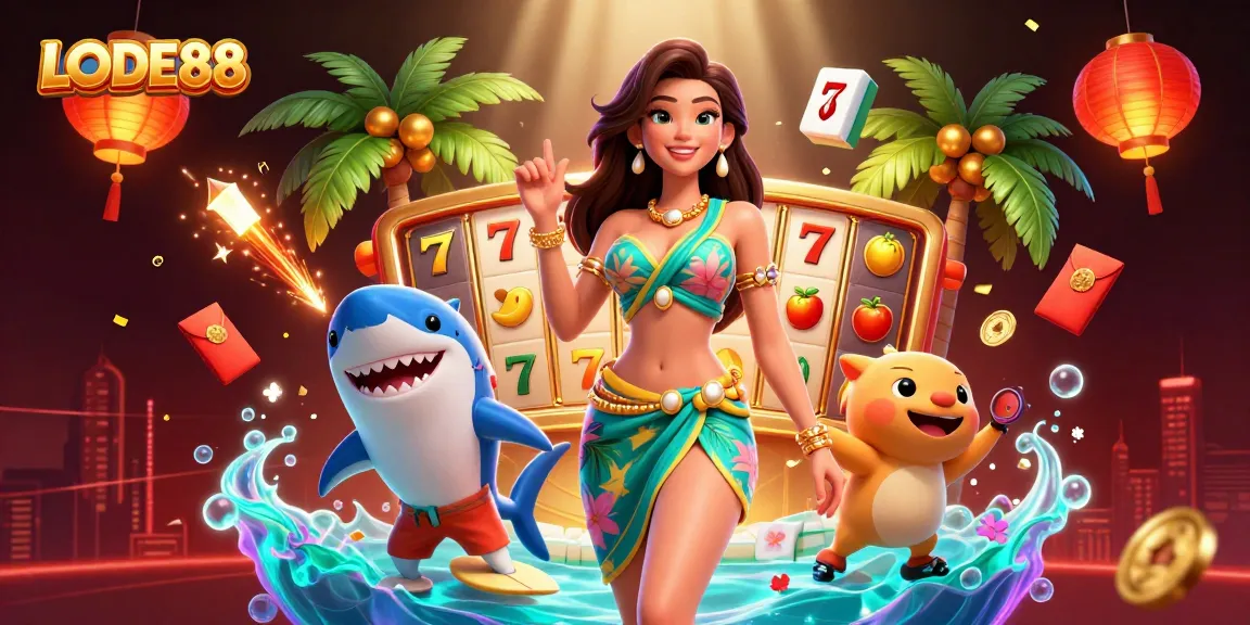 Engage with LODE88's vibrant casino experience featuring colorful slot reels and lively characters.