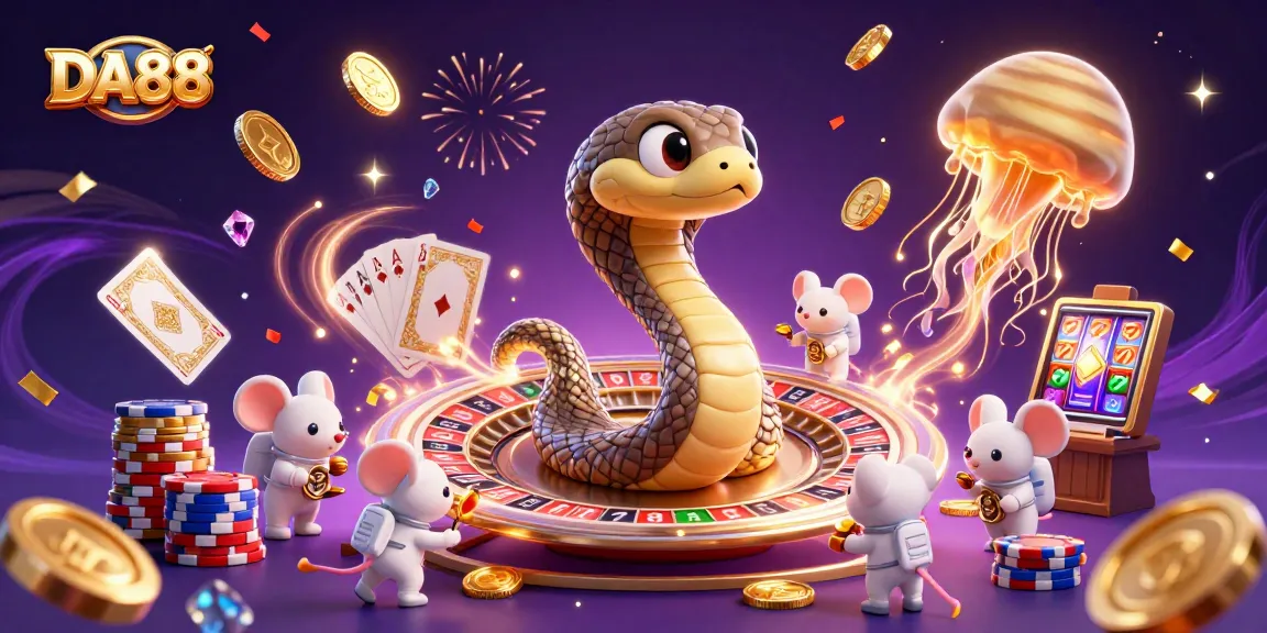 Engage with DA88 casino-inspired 3D scene showcasing unique characters in vibrant gaming action.