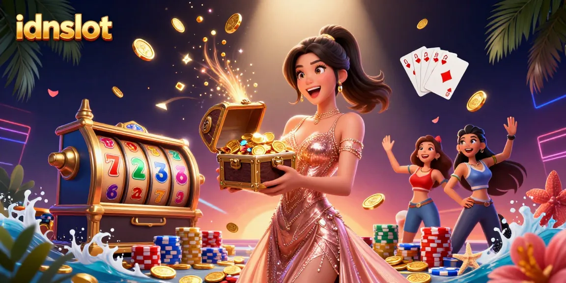 Engage with idnslot for thrilling wins, featuring a dazzling woman with a treasure chest of coins.