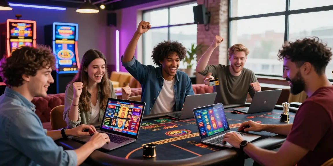 Excited players at an online casino that accepts credit cards, showcasing engaging games and a vibrant atmosphere.