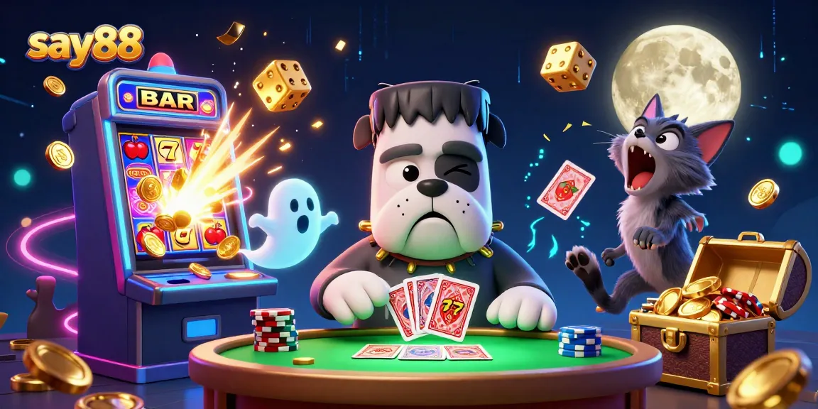 Experience thrilling gameplay at say88 as the whimsical characters engage in card games amidst a vibrant casino environment.
