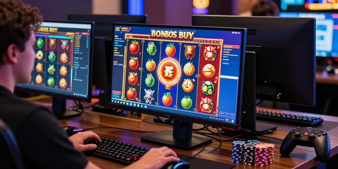 Exciting gaming scene at chagency.co.uk showcasing vibrant Bonus Buy slots interface on multiple monitors with chips and a controller.