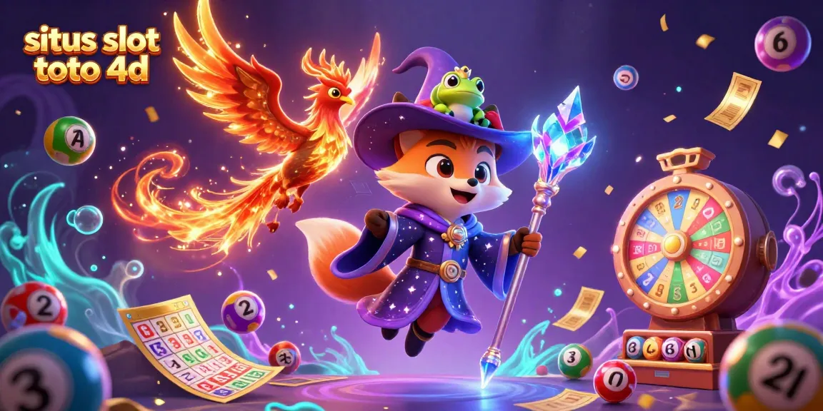 Engage with situs slot toto 4d in a vibrant, dynamic gaming illustration featuring magical characters and lottery elements.